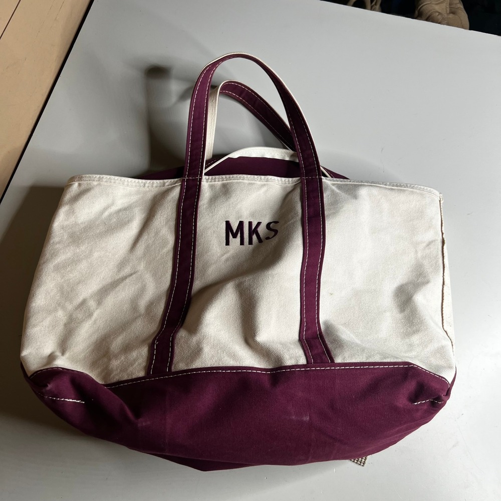 LL Bean Boat and Tote Zip Top Canvas Bag Burgundy Cream MKS Monogram Large USA